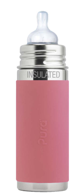 Pura thermos speenfles RVS 260 ml + silicone speen medium flow + silicone reisdop + rose sleeve