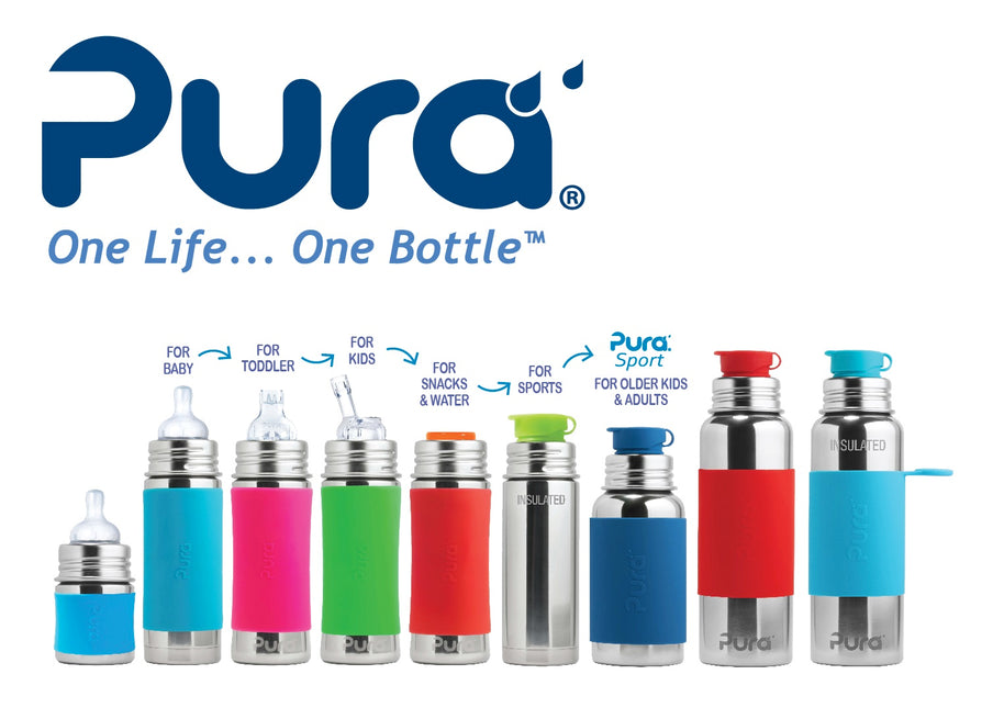 Pura thermos rietjesfles RVS 260 ml + silicone rietje + silicone reisdop + blauwe bumper