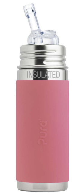 Pura thermos rietjesfles RVS 260 ml + silicone rietje + silicone reisdop + rose sleeve