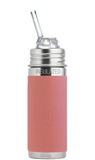 Pura thermos rietjesfles RVS 260 ml + silicone rietje free flow + silicone reisdop + rose sleeve