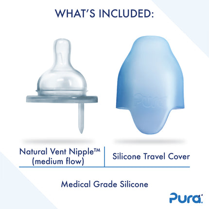 Pura speenfles RVS 325 ml + silicone speen medium flow + silicone reisdop + rose sleeve