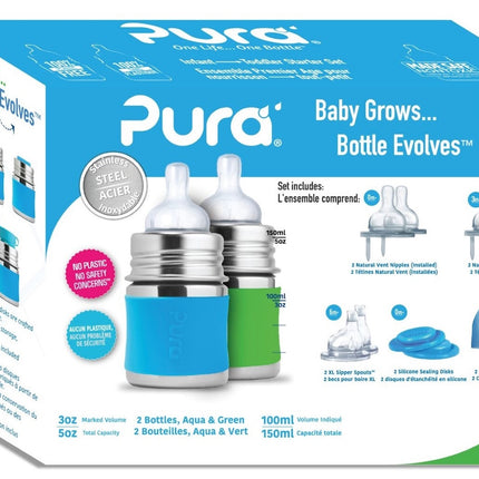 Pura Babyfles Staterset 150Ml Aqua/Groen 12 delig