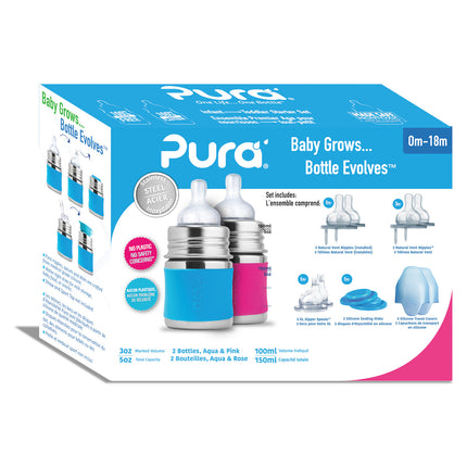 Pura Babyfles Staterset 150Ml Aqua/Roze 12 delig