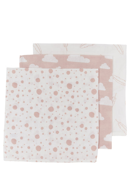 Meyco Monddoekje 3St Feathers-Clouds-Dots Roze/Wit