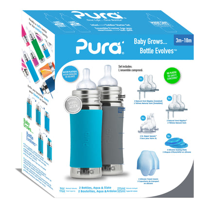 Pura Babyfles Staterset 325Ml Aqua/Grijs 12 delig