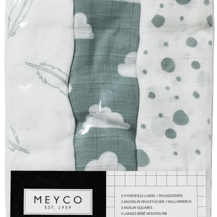 Meyco Hydrofiele Doek 3St Feathers-Clouds-Dots Stone Green/Wit 100% katoen