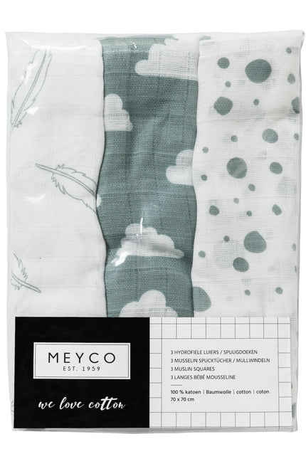 Meyco Hydrofiele Doek 3St Feathers-Clouds-Dots Stone Green/Wit 100% katoen