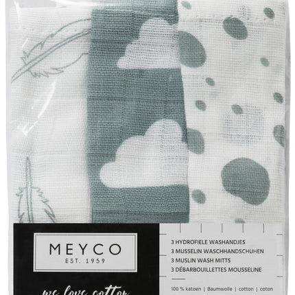 Meyco Washandje 3St Feathers-Clouds-Dots Stone Green/Wit