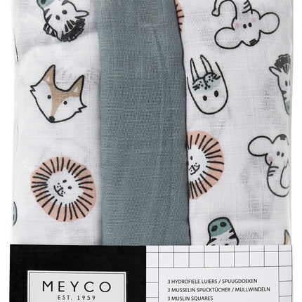 Meyco Hydrofiele Doek 3St Animal/Uni Stone Green/Animal